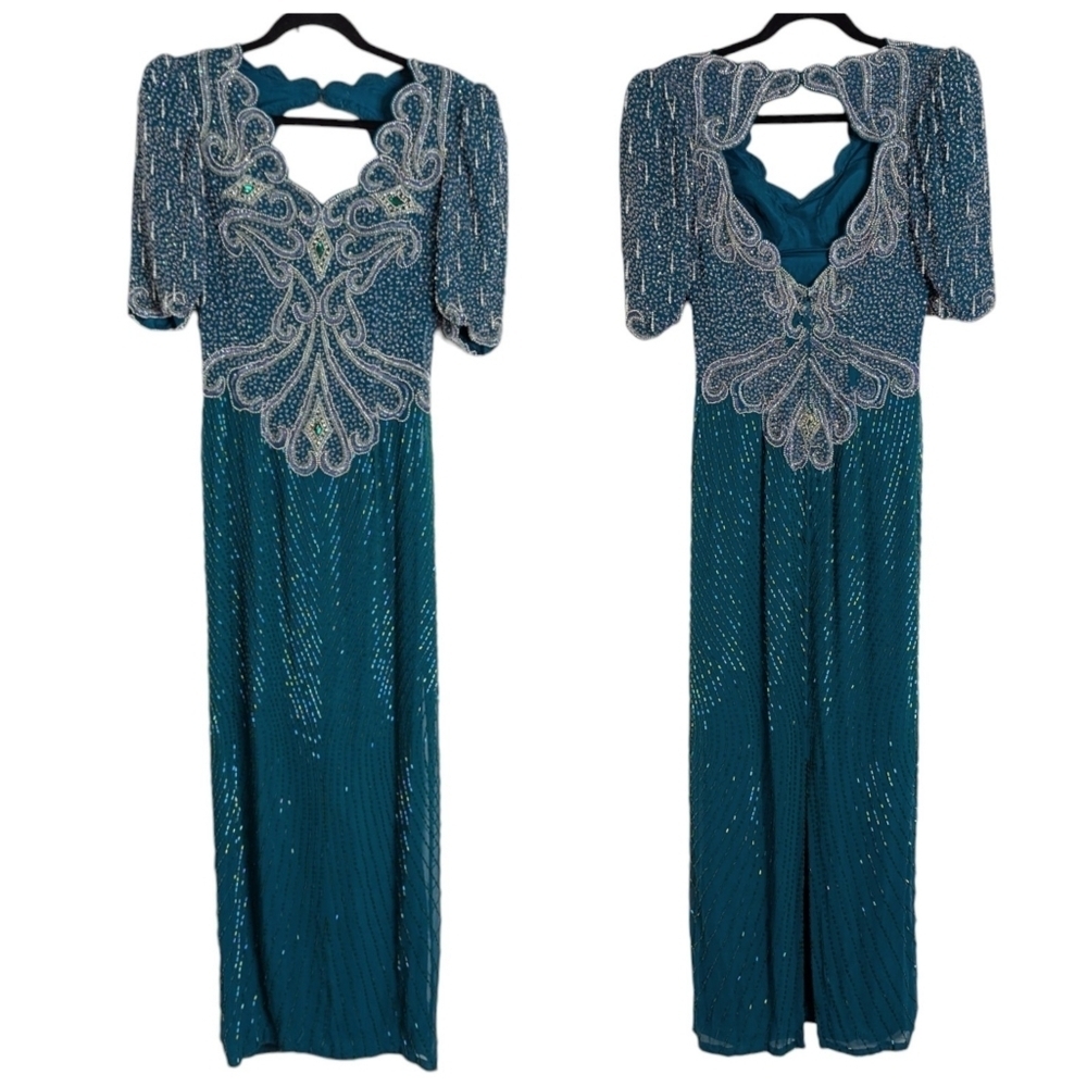 VTG Landa Teal Green Blue Silk Beaded Keyhole Back Maxi Dress Formal Glam